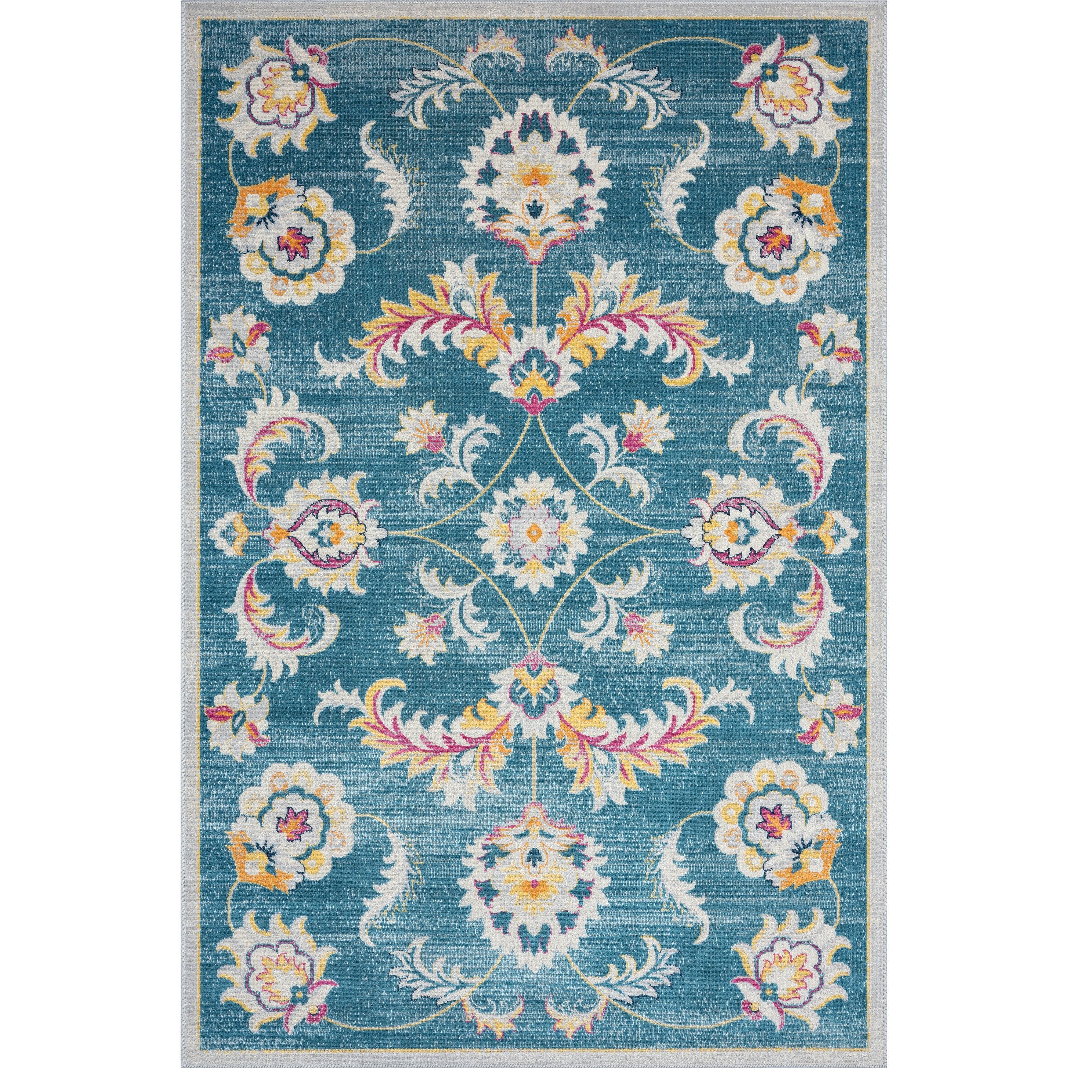 Blue Floral Synthetic 5' x 7' Rectangular Area Rug