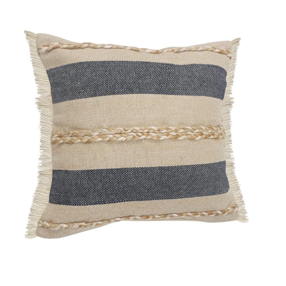 Ox Bay Atlantis Coastal Striped Jute Braiding Fringed Throw Pillow, Blue/Tan/Taupe, 20" Square