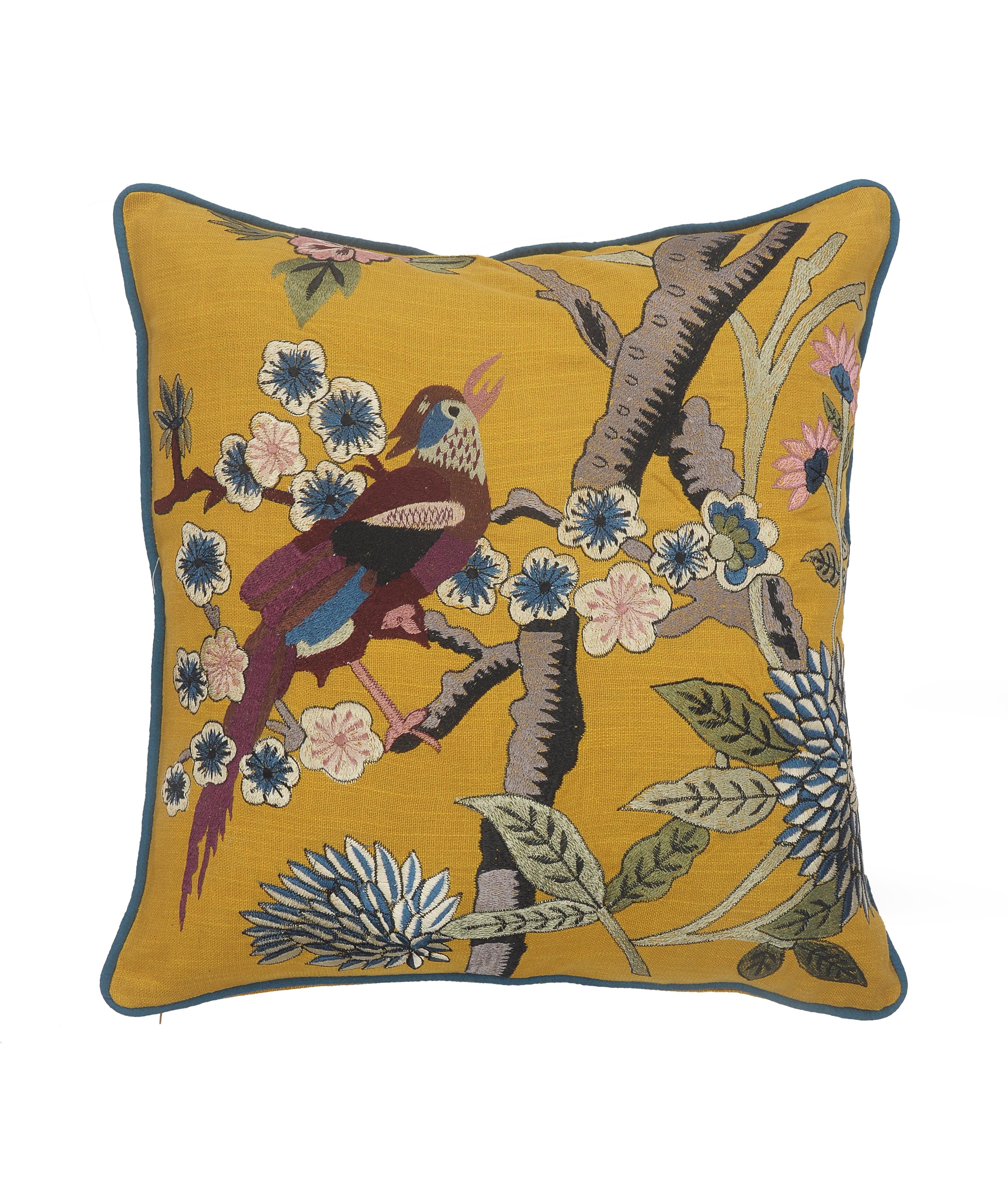 Yellow Cotton Bird of Paradise Embroidered Throw Pillow