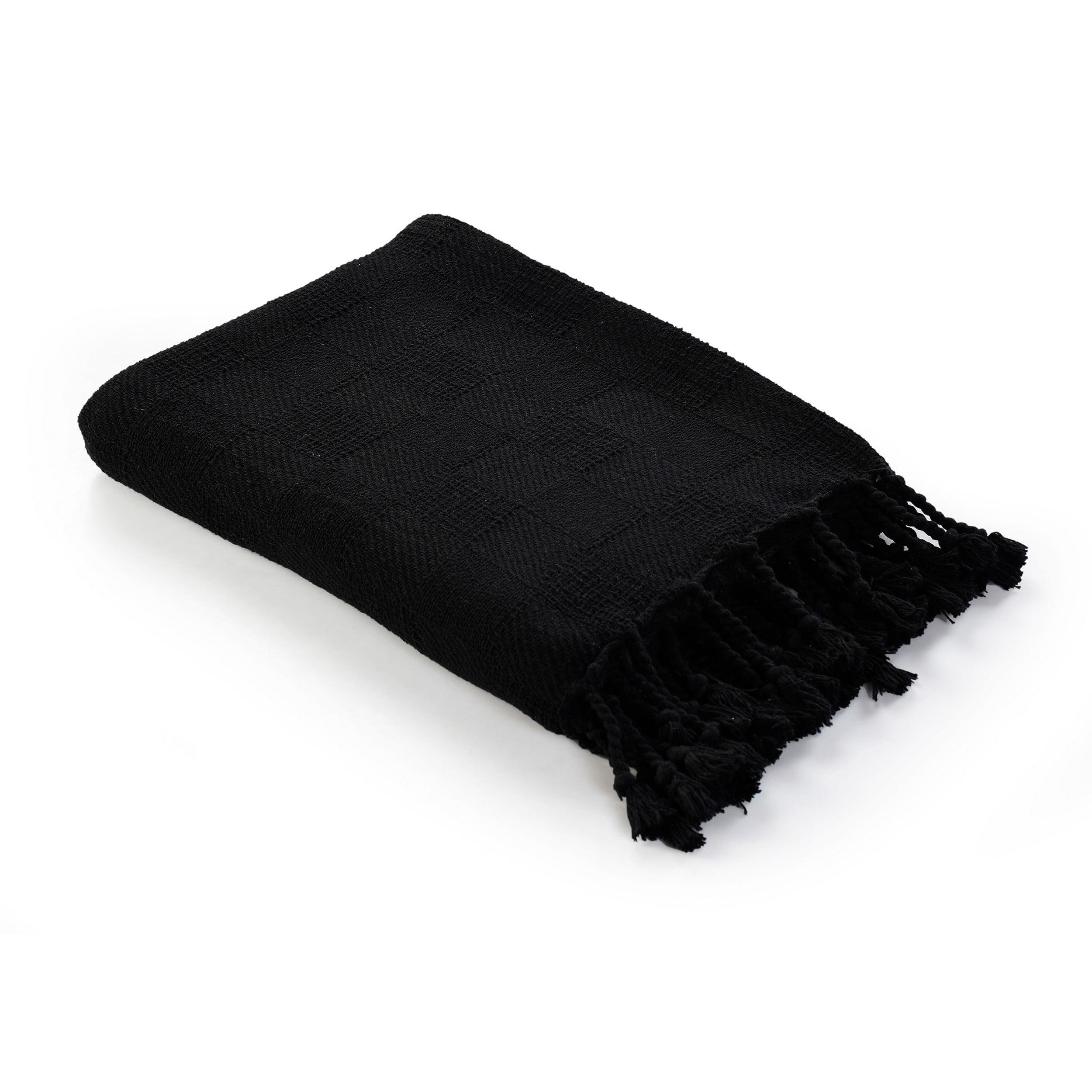 Cozy Cotton Checkered Weave Throw Blanket with Fringe - Black