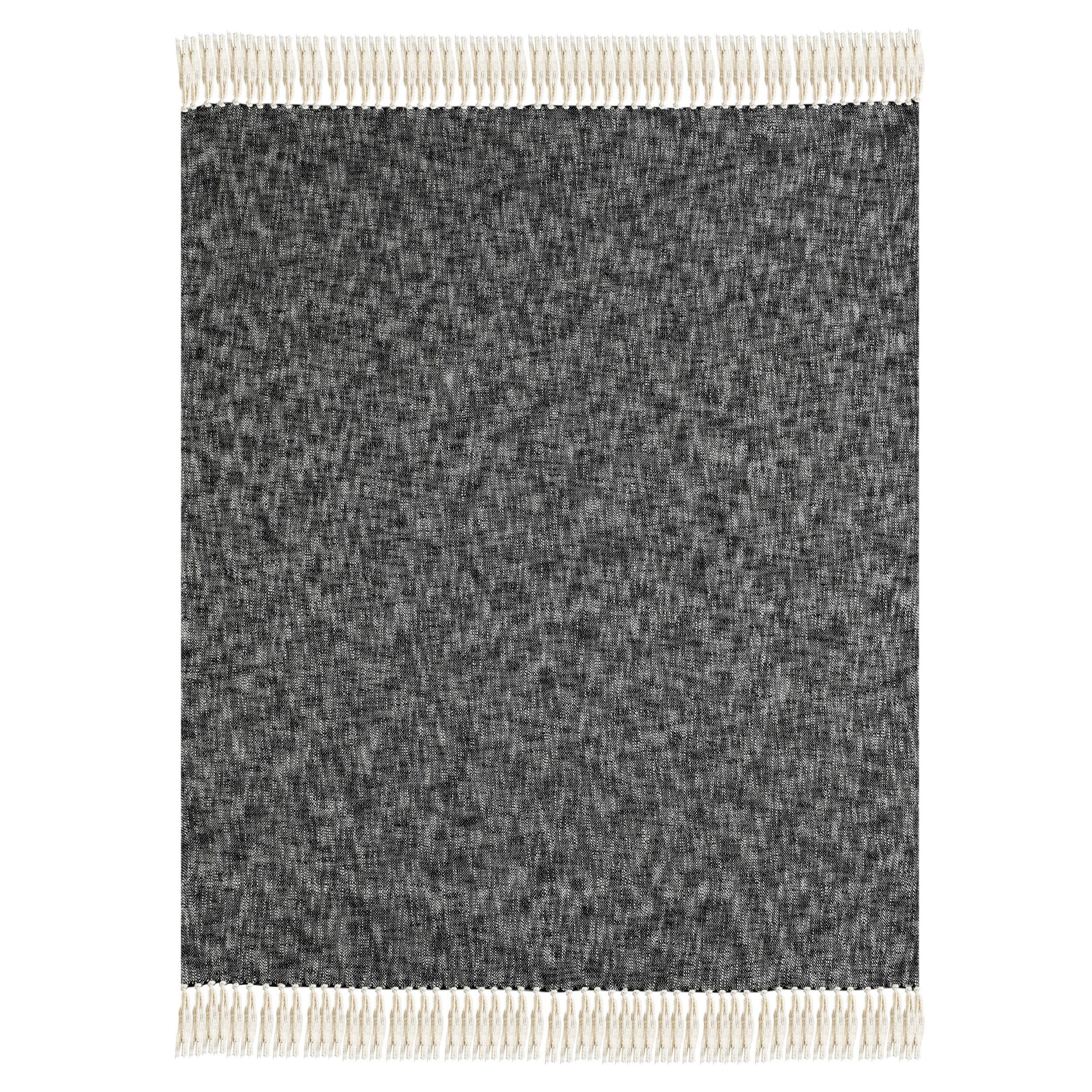 Black and Off-White Cotton Chambray Throw Blanket with Fringe, 60" x 50"