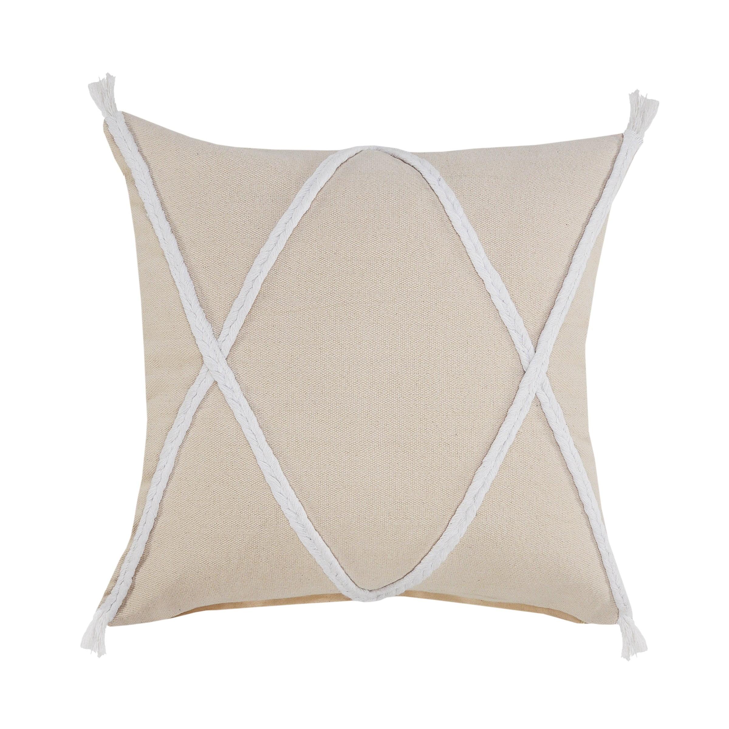 Birch and White Braided Tassel Square Throw Pillow, 20 in.