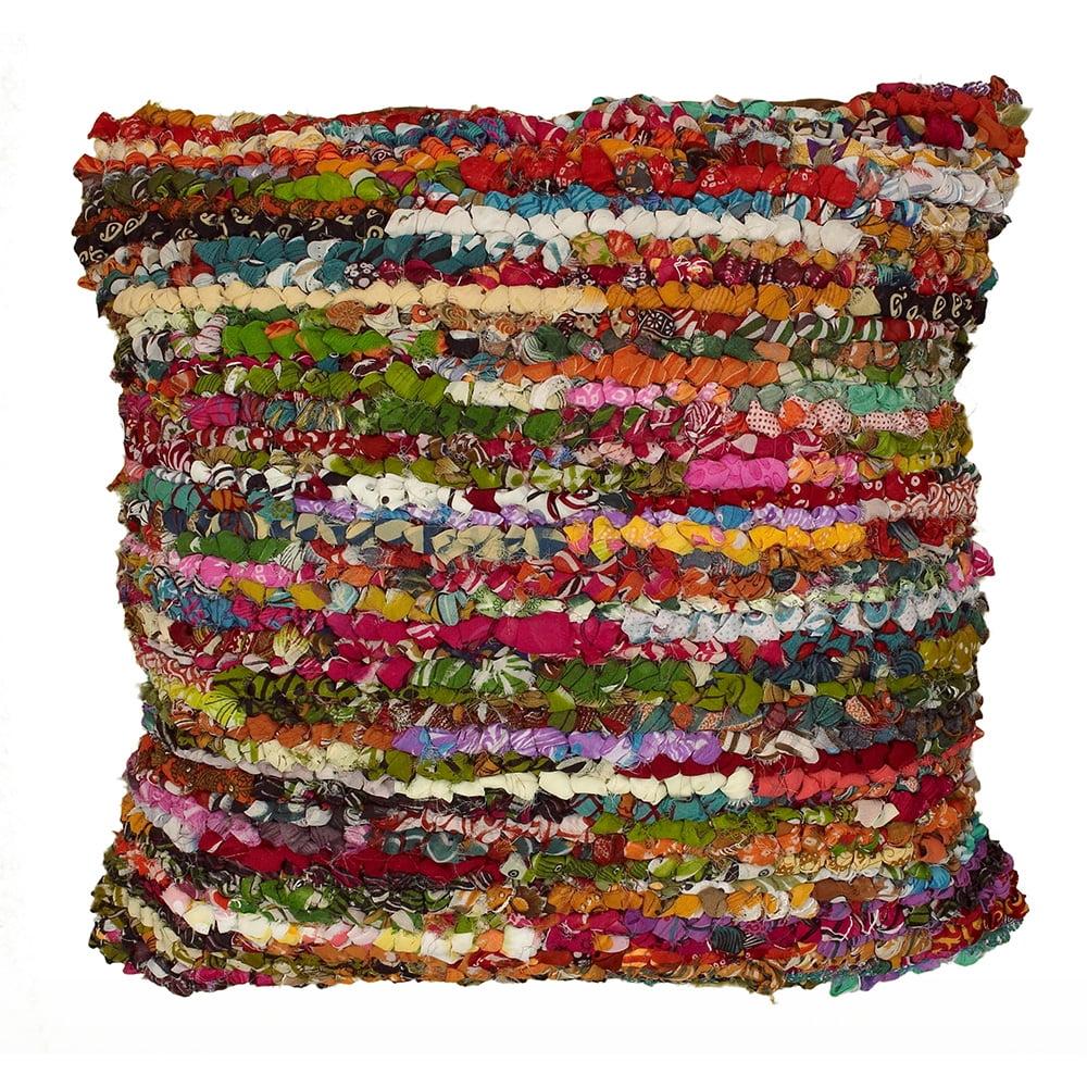 Multicolor Bohemian Striped Chindi Floor Pillow, 26" x 26"