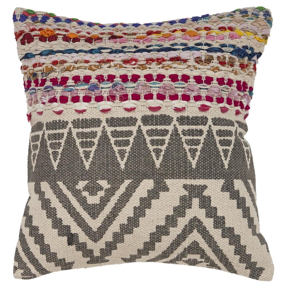 Boho Chic Embroidered Square Throw Pillow 18"x18" in Blue & Beige