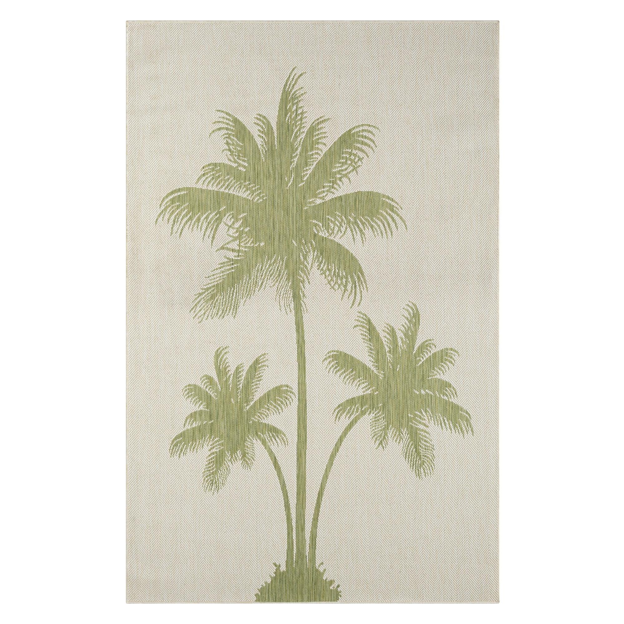 Beige and Green Tropical Palm Indoor Outdoor Rug 5' x 7'