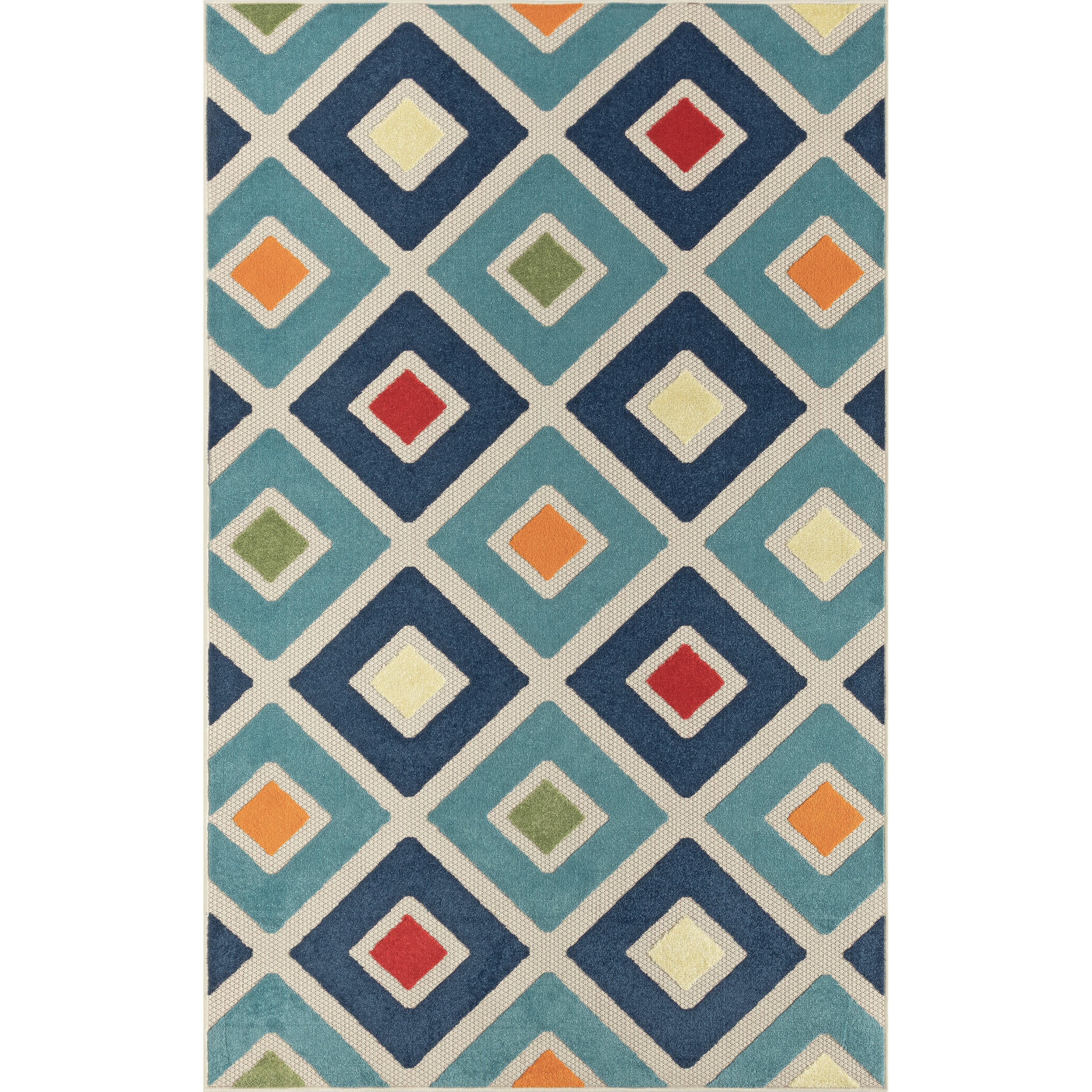 Reversible Blue Geometric Synthetic 2'x3' Easy-Care Outdoor Rug