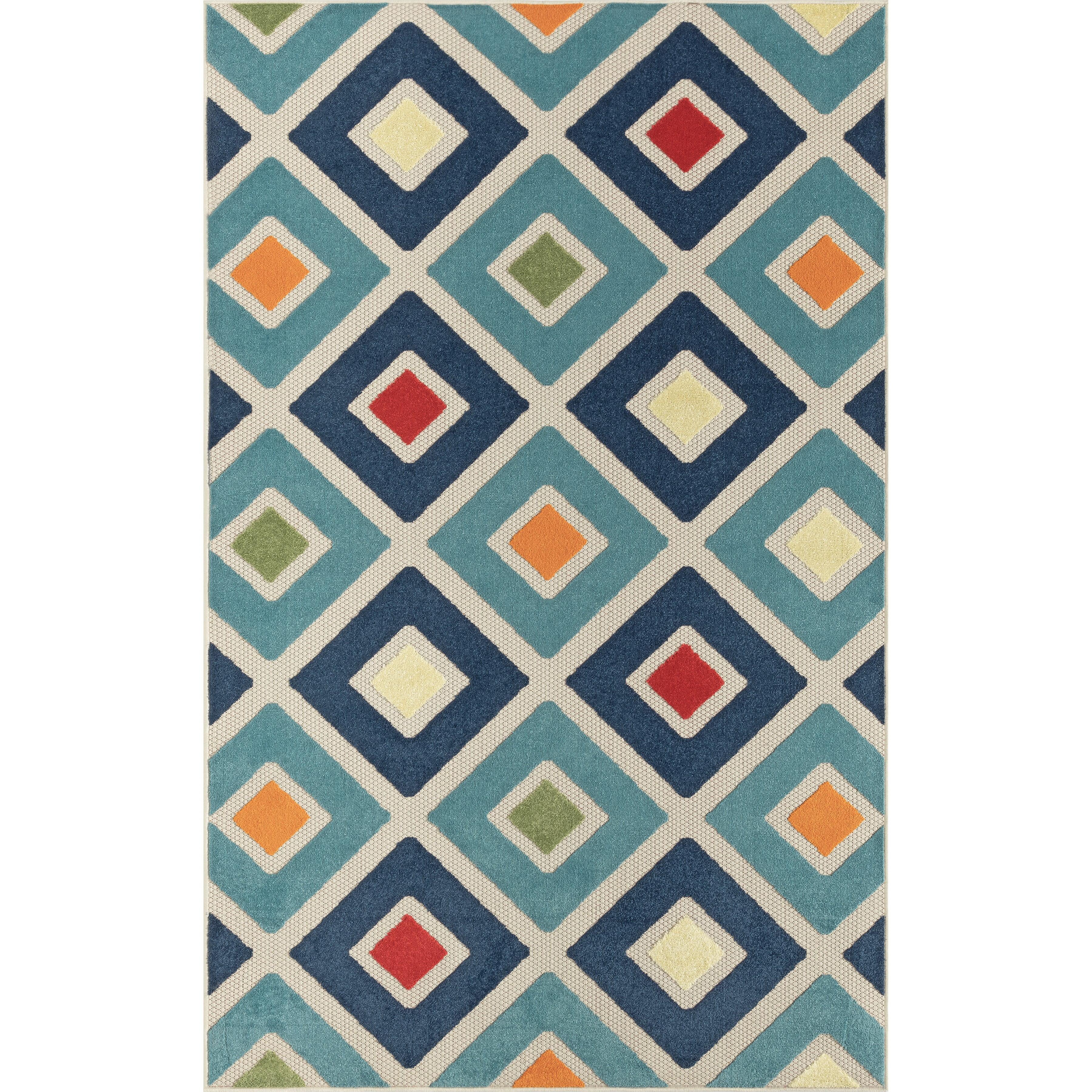 Reversible Geometric Blue and Neutral 5' x 8' Synthetic Area Rug