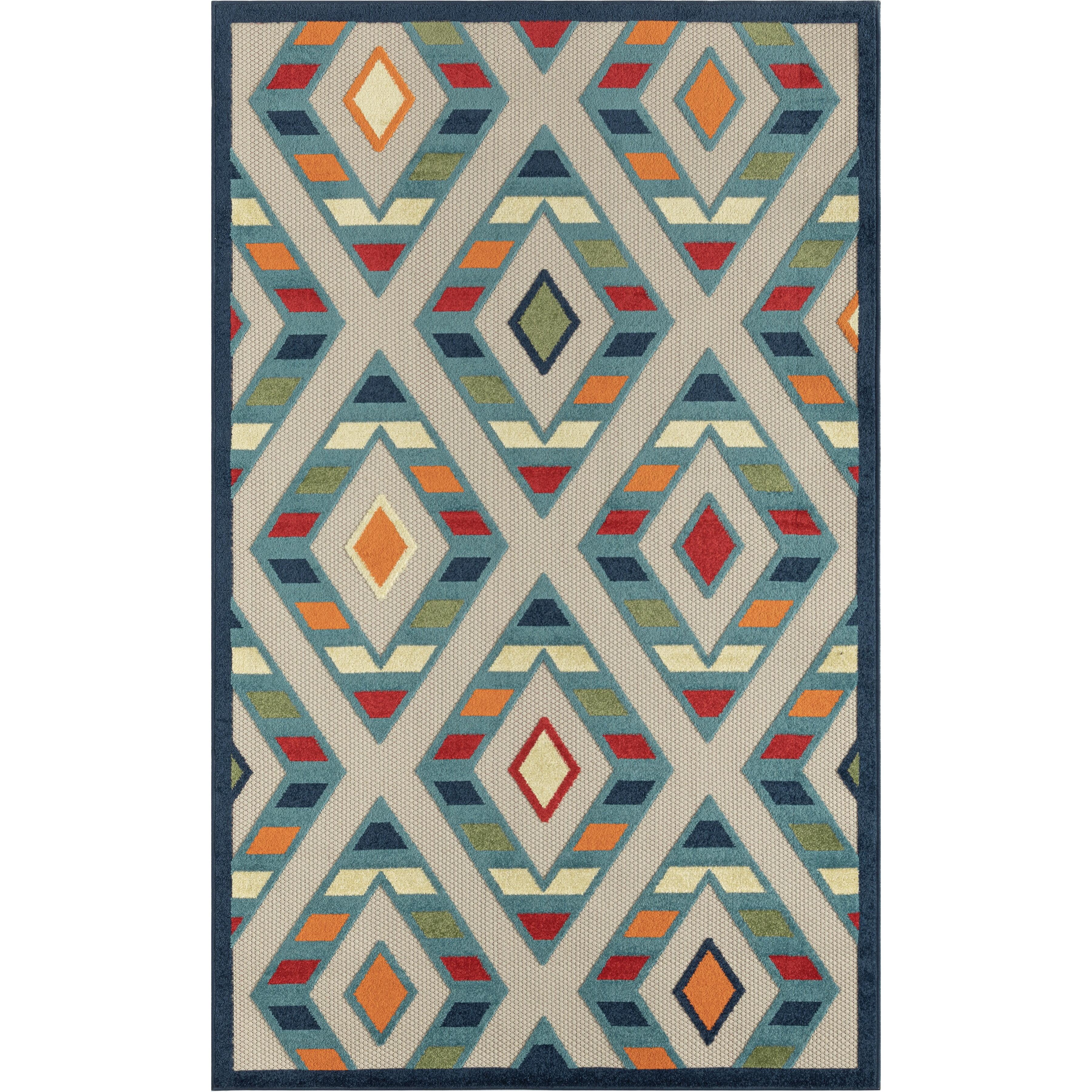 Reversible Rectangular Blue Geometric Easy-Care Area Rug