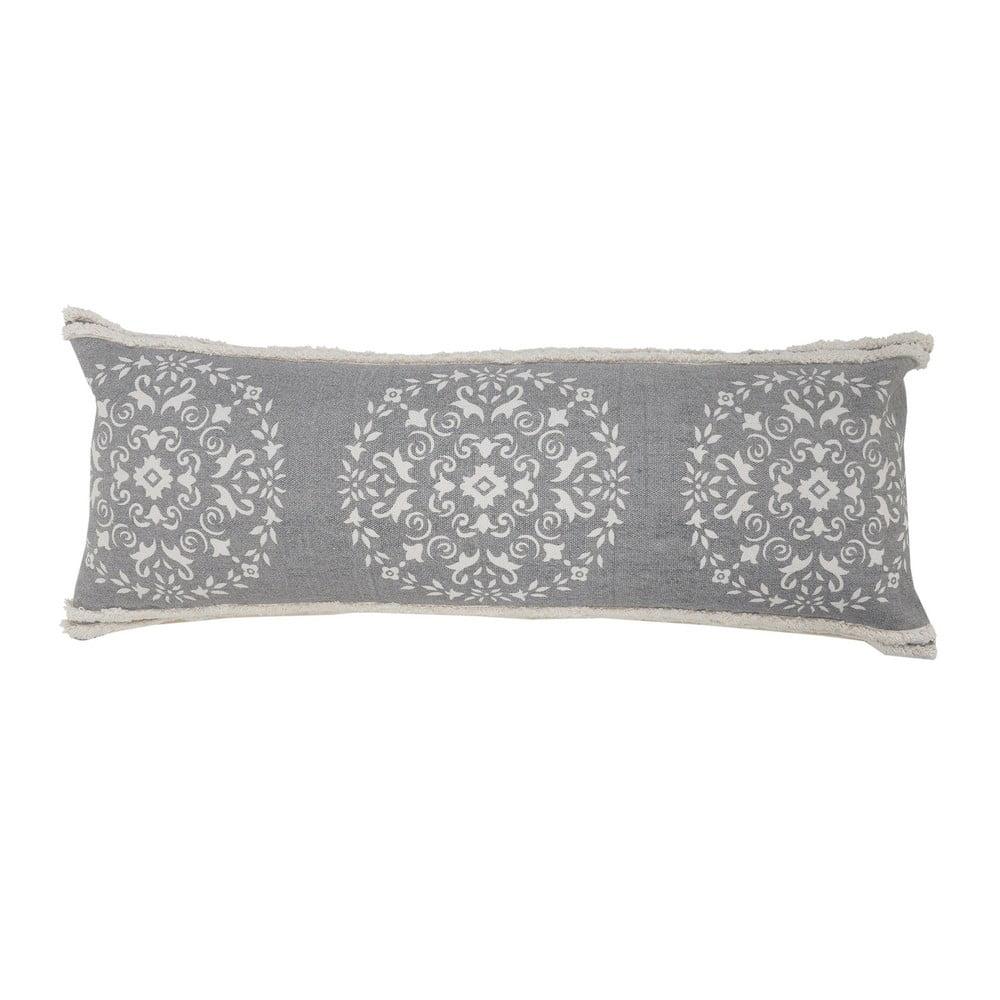 Gray and White Mandala Medallion Lumbar Pillow with Tufted Border, 14" x 36"