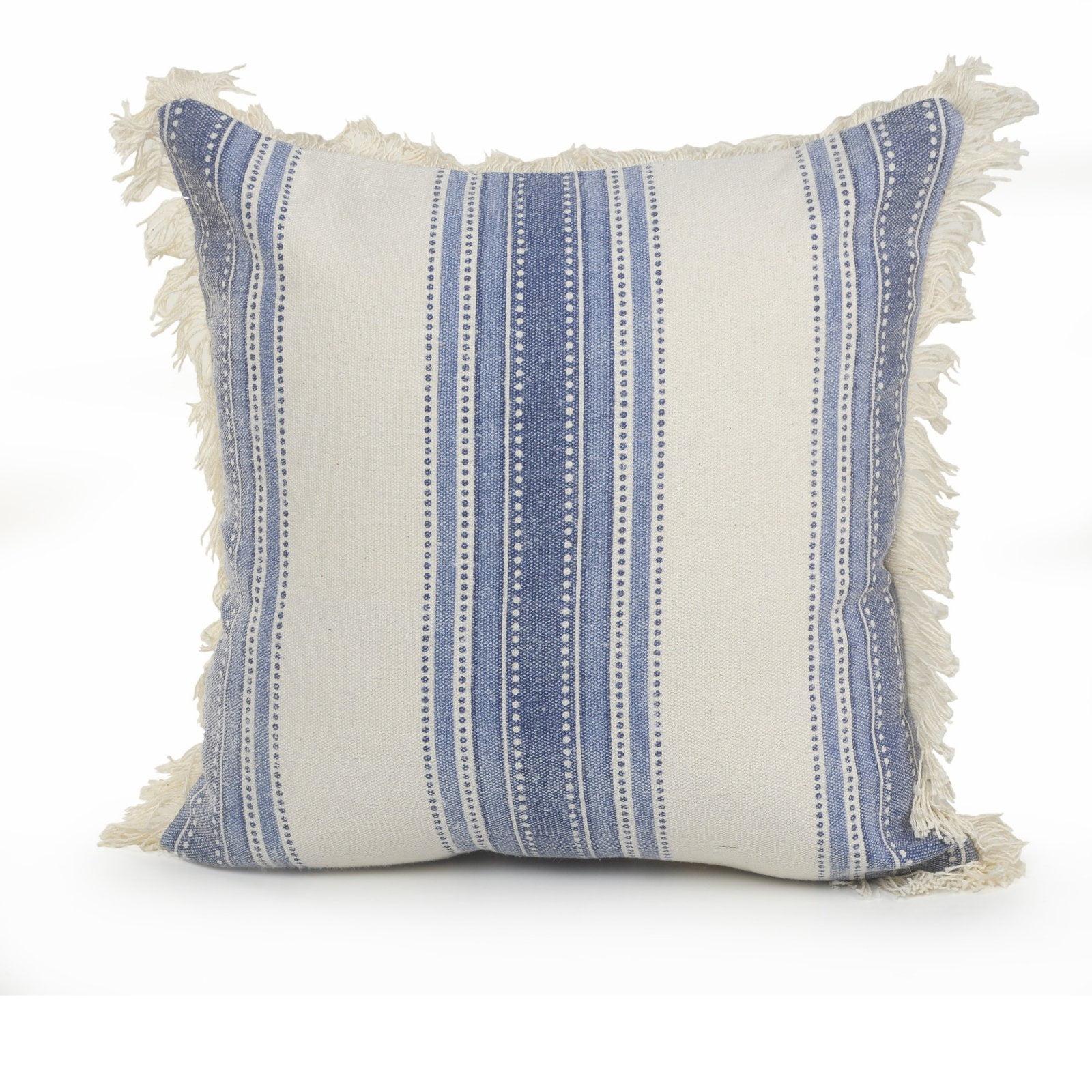 Blue and White Coastal Cotton Striped Square Throw Pillow