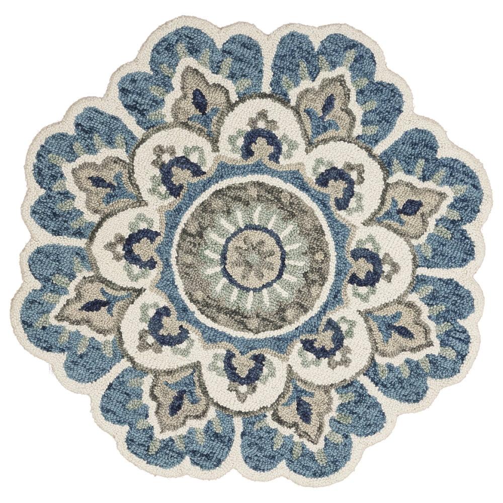 Handmade Blue Floral Tufted Wool Round Rug, 6 ft