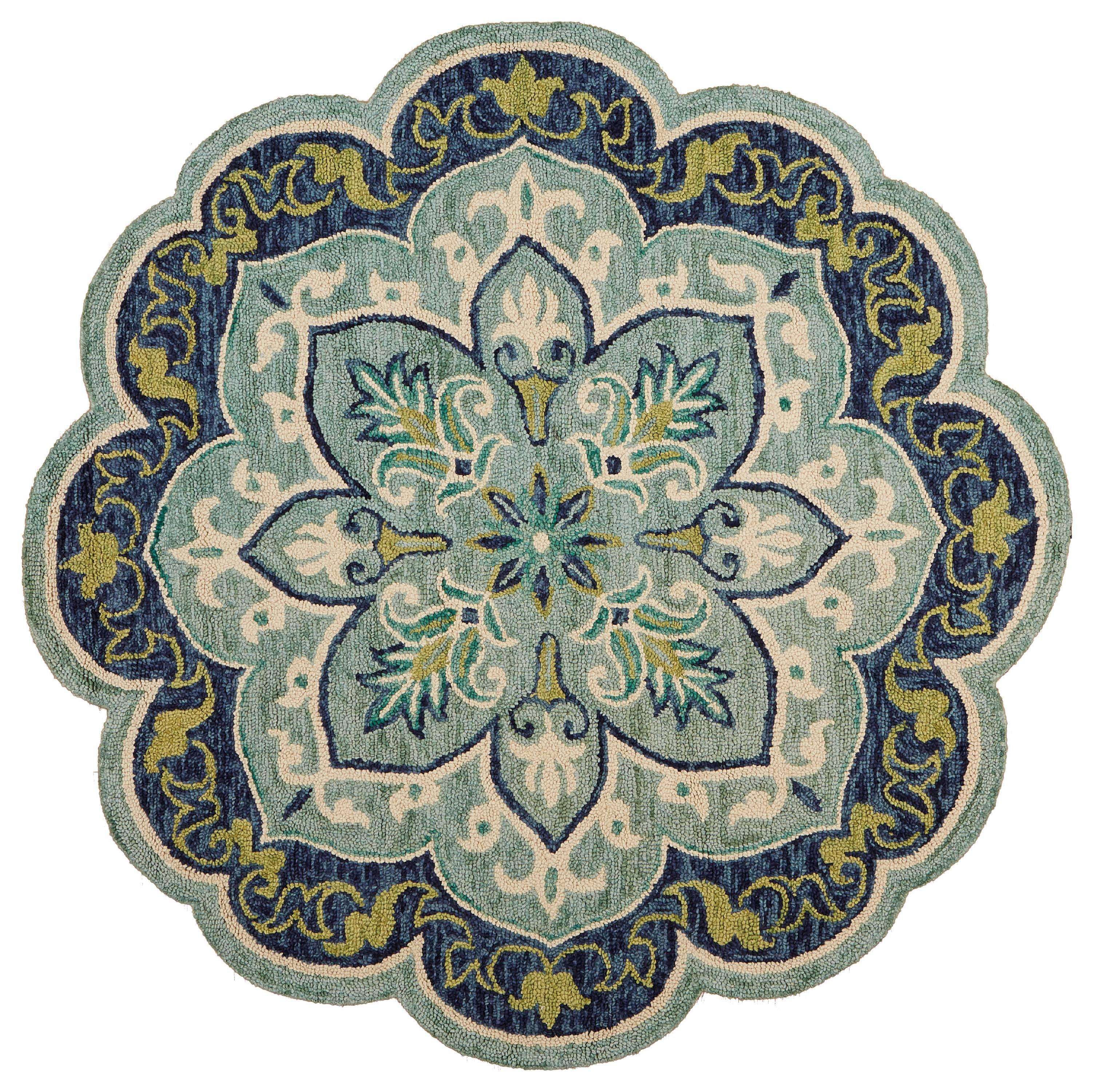 Handmade Round Blue Floral Tufted Wool Area Rug, 48" Diameter