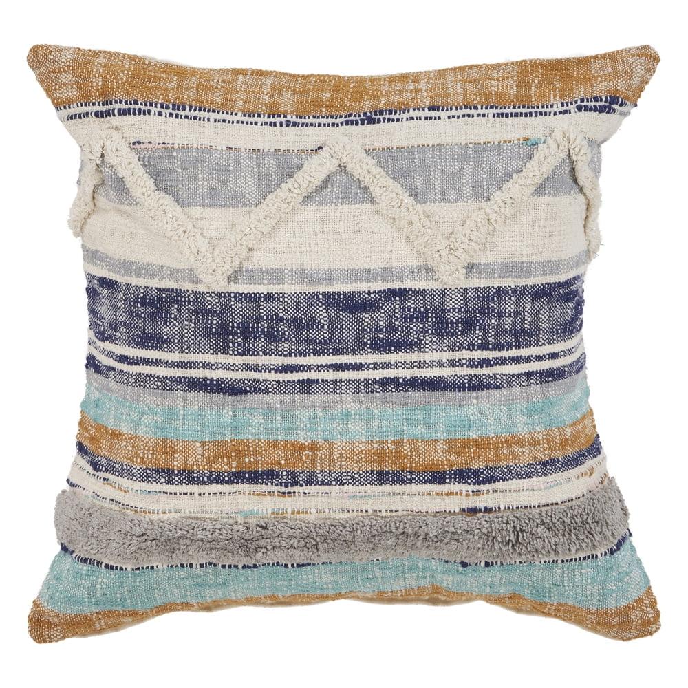 HomeRoots 18" X 18" Beige Blue And Gray Geometric Cotton Zippered Pillow