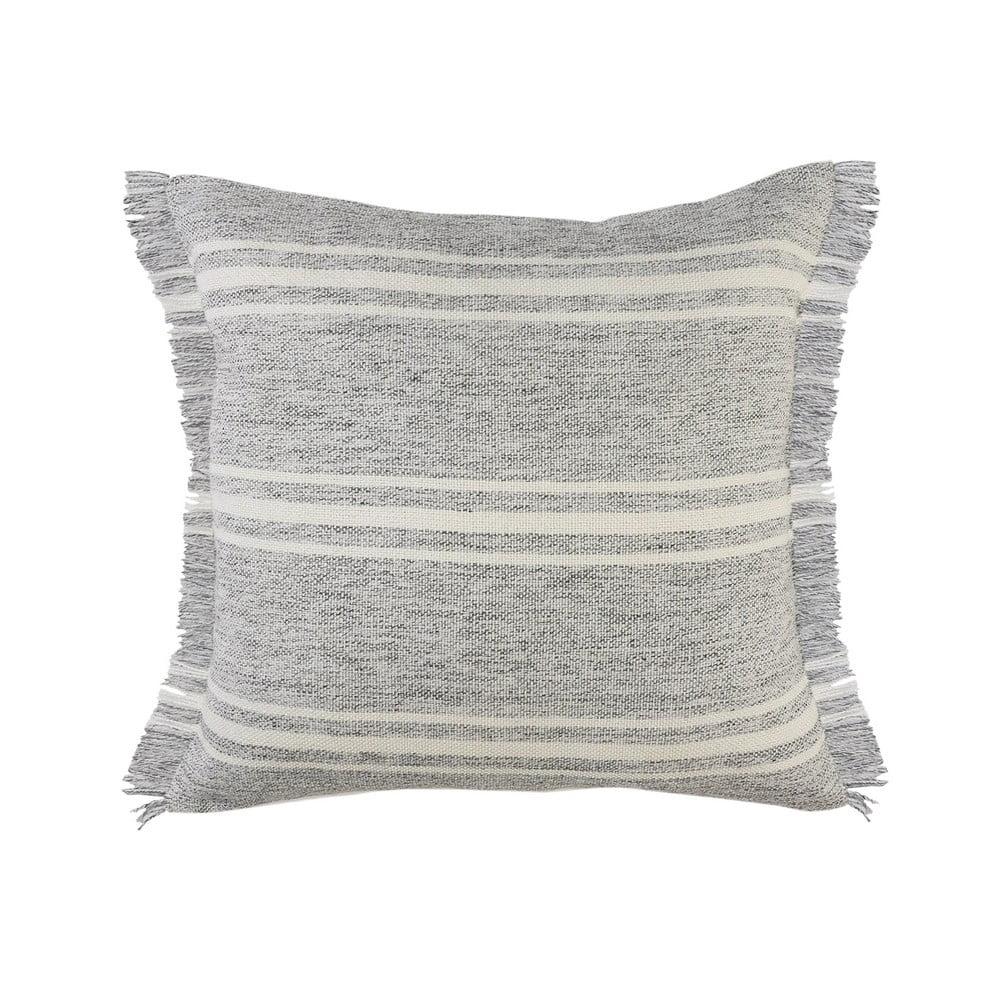 Gray and White Farmhouse Stripe Fringe Square Throw Pillow