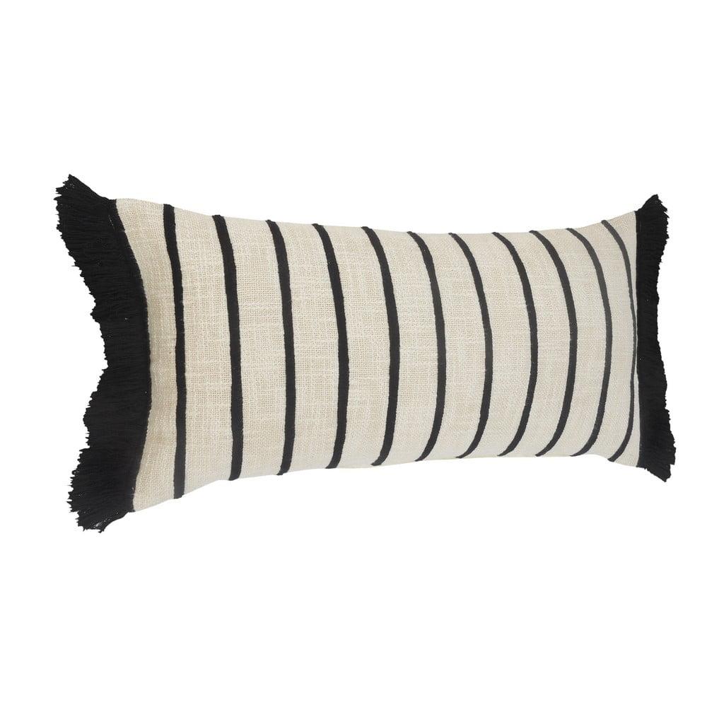 Ivory and Black Striped Cotton Fringe Throw Pillow 28" x 12"