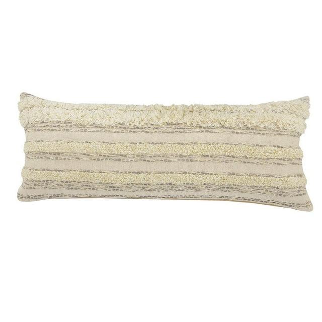 ZeaZu 14" X 36" Cream Gray And Gold 100% Cotton Striped Zippered Pillow