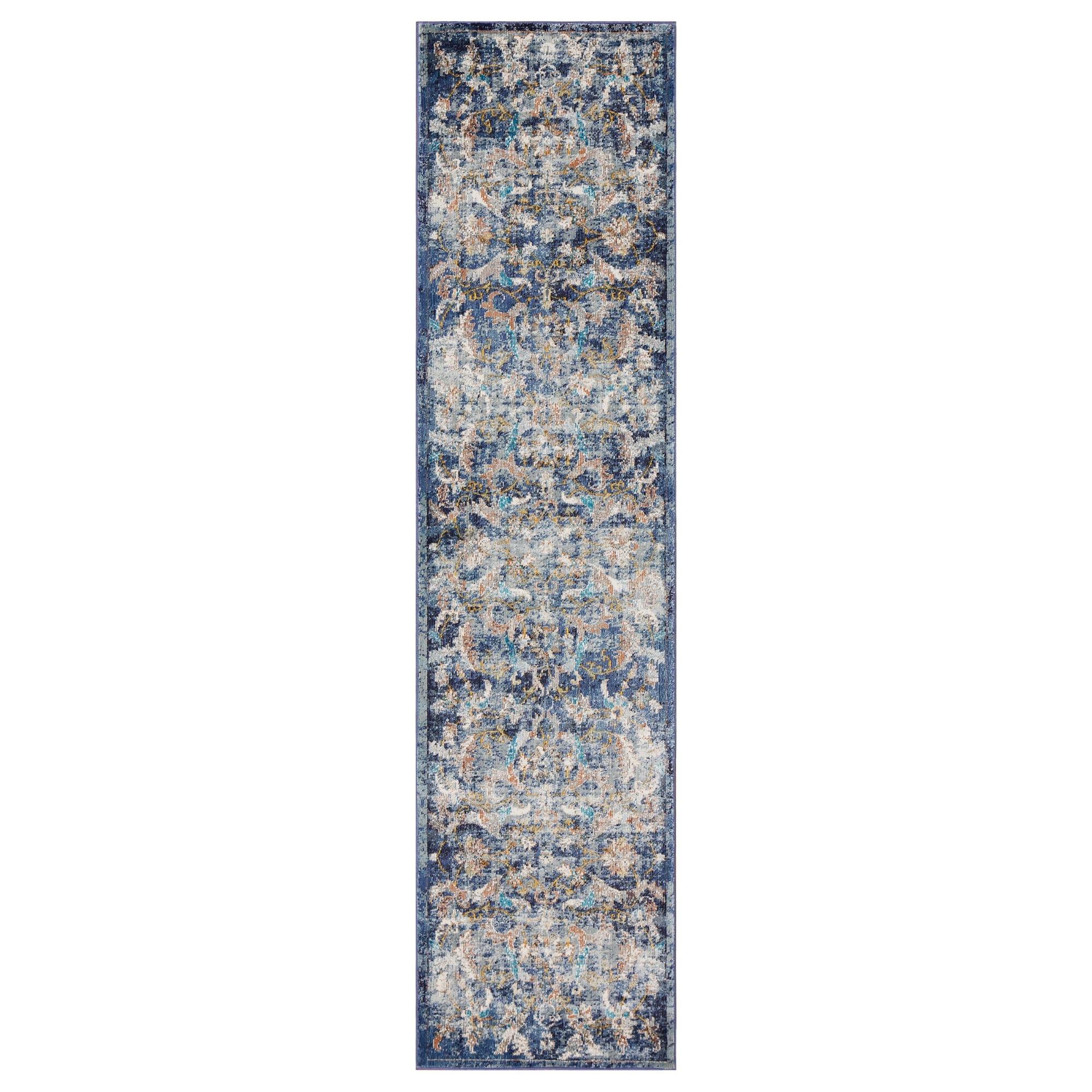 Navy Blue Floral Synthetic Runner Area Rug