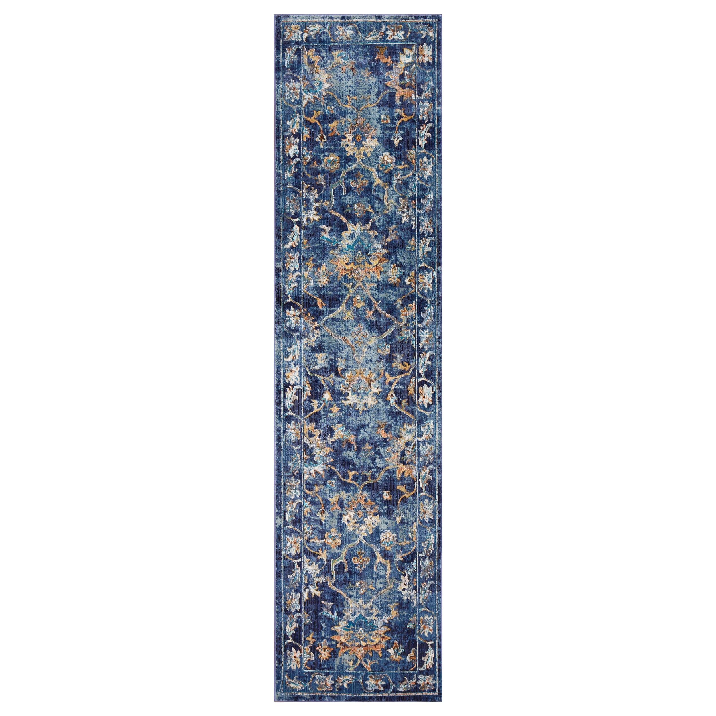 LR Home Ada 2'3" x 8'9" Indigo Bordered Floral Durable Indoor Area Rug
