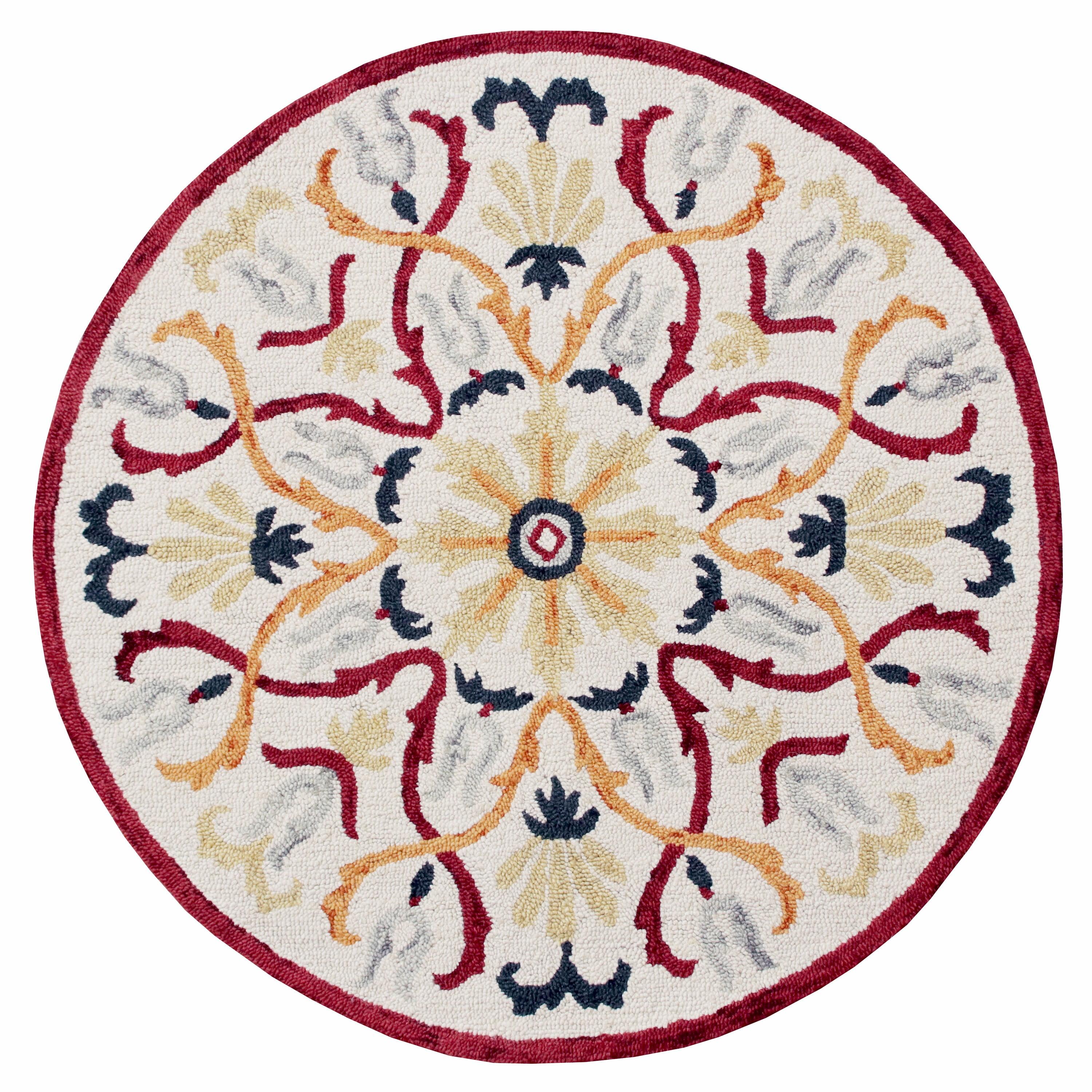 Handmade Red and Yellow Floral Wool Round Rug, 4 ft.