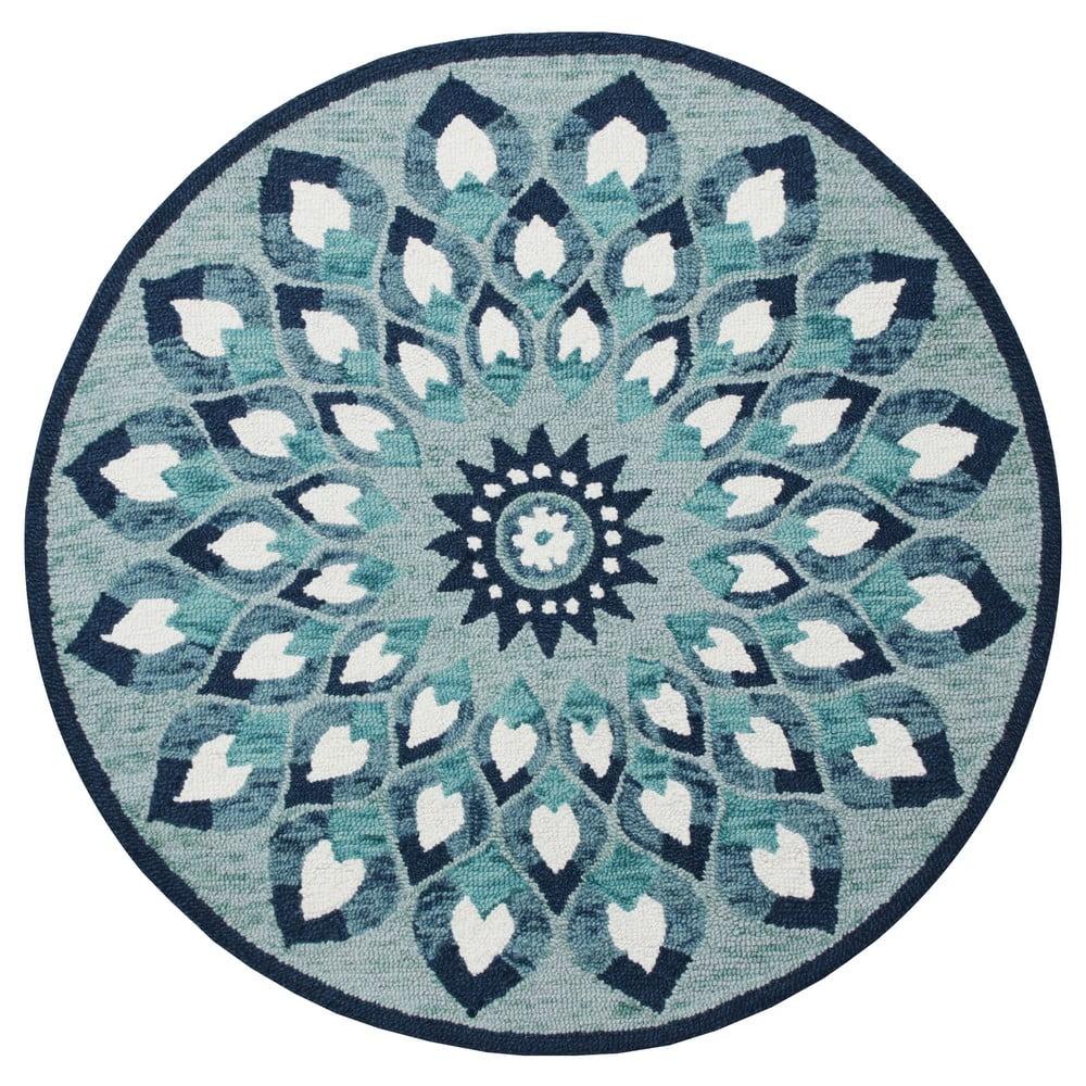 Handmade Tufted Wool Floral Medallion Rug, Navy Blue, 4' Round