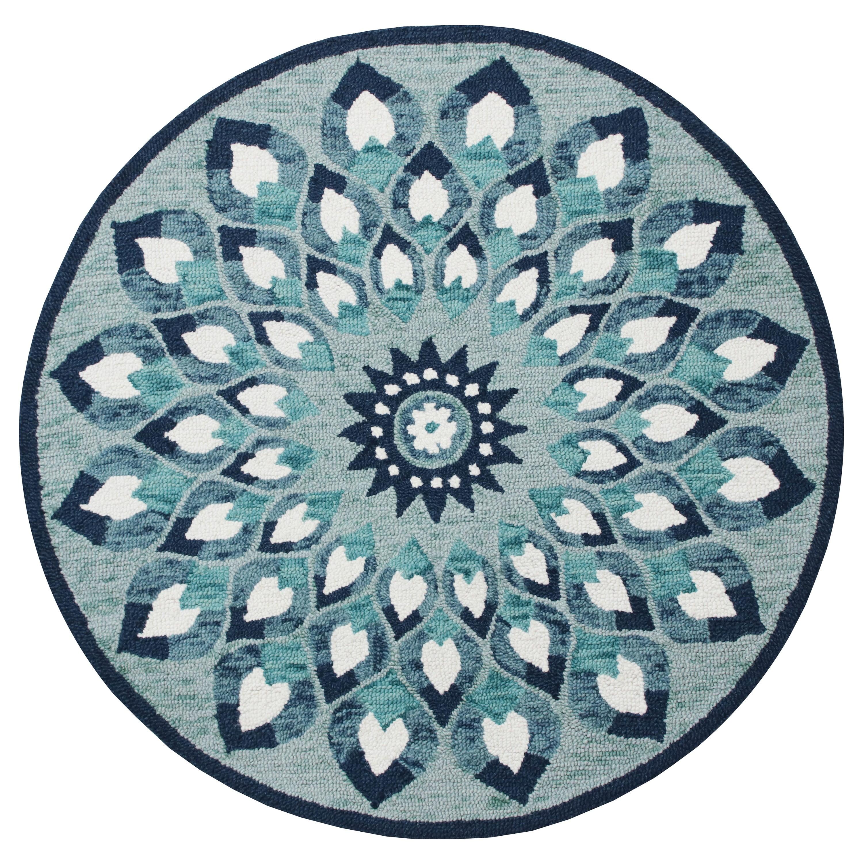 Handmade Tufted Wool Floral Medallion Rug, Navy Blue, 4' Round