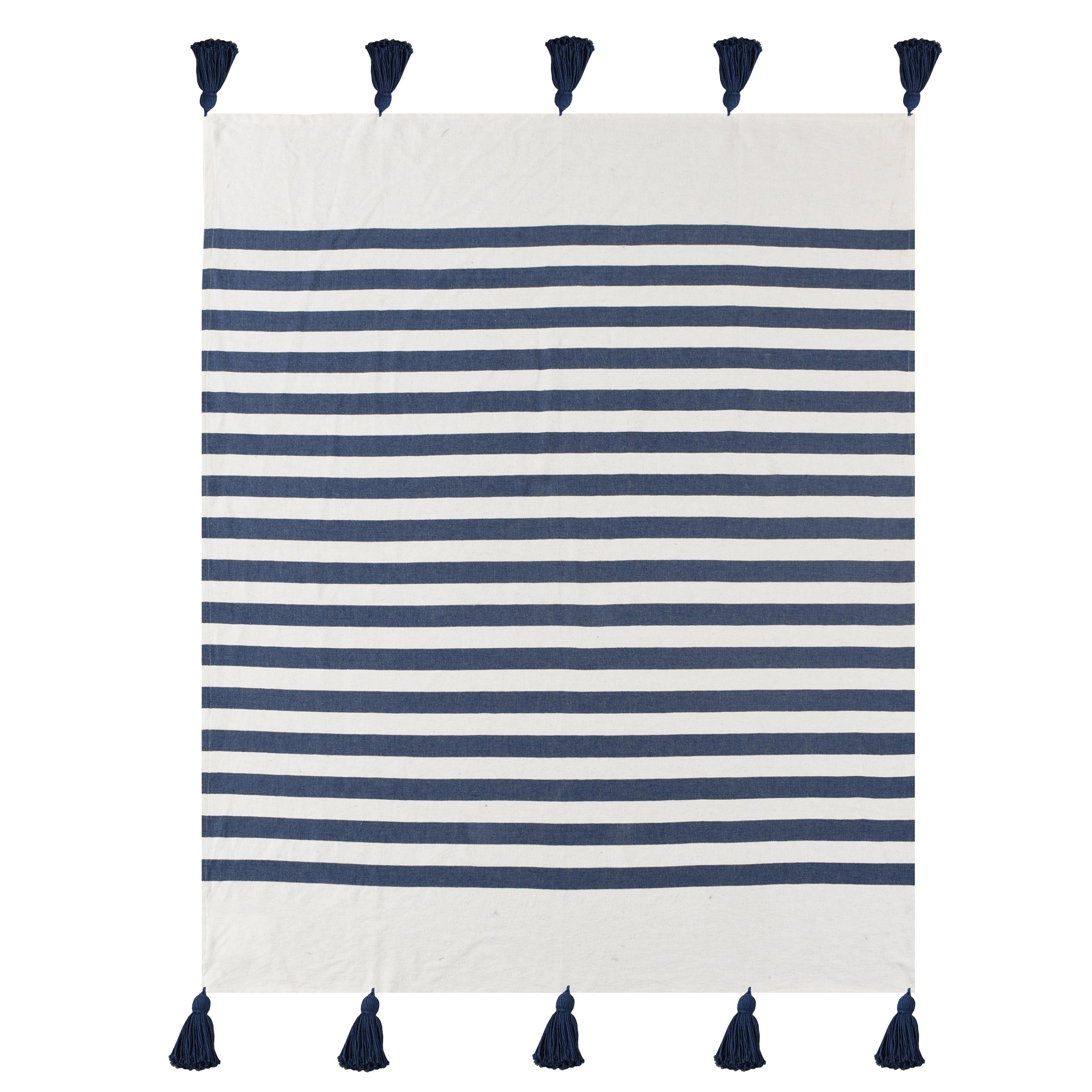 Ox Bay Navy Blue/White Striped Cotton Throw Blanket, 50" x 60"