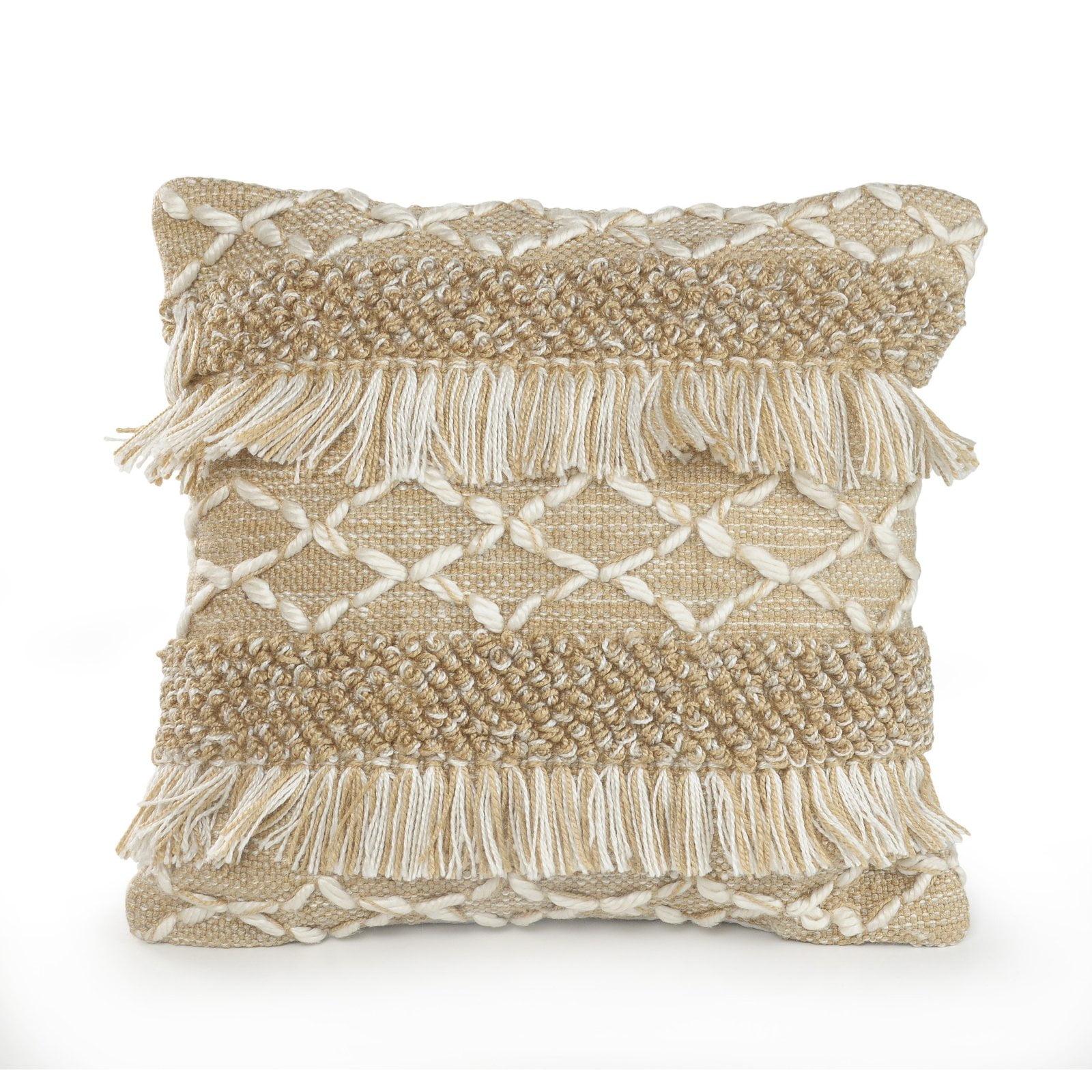 Tan and Beige Geometric Fringe Throw Pillow Set