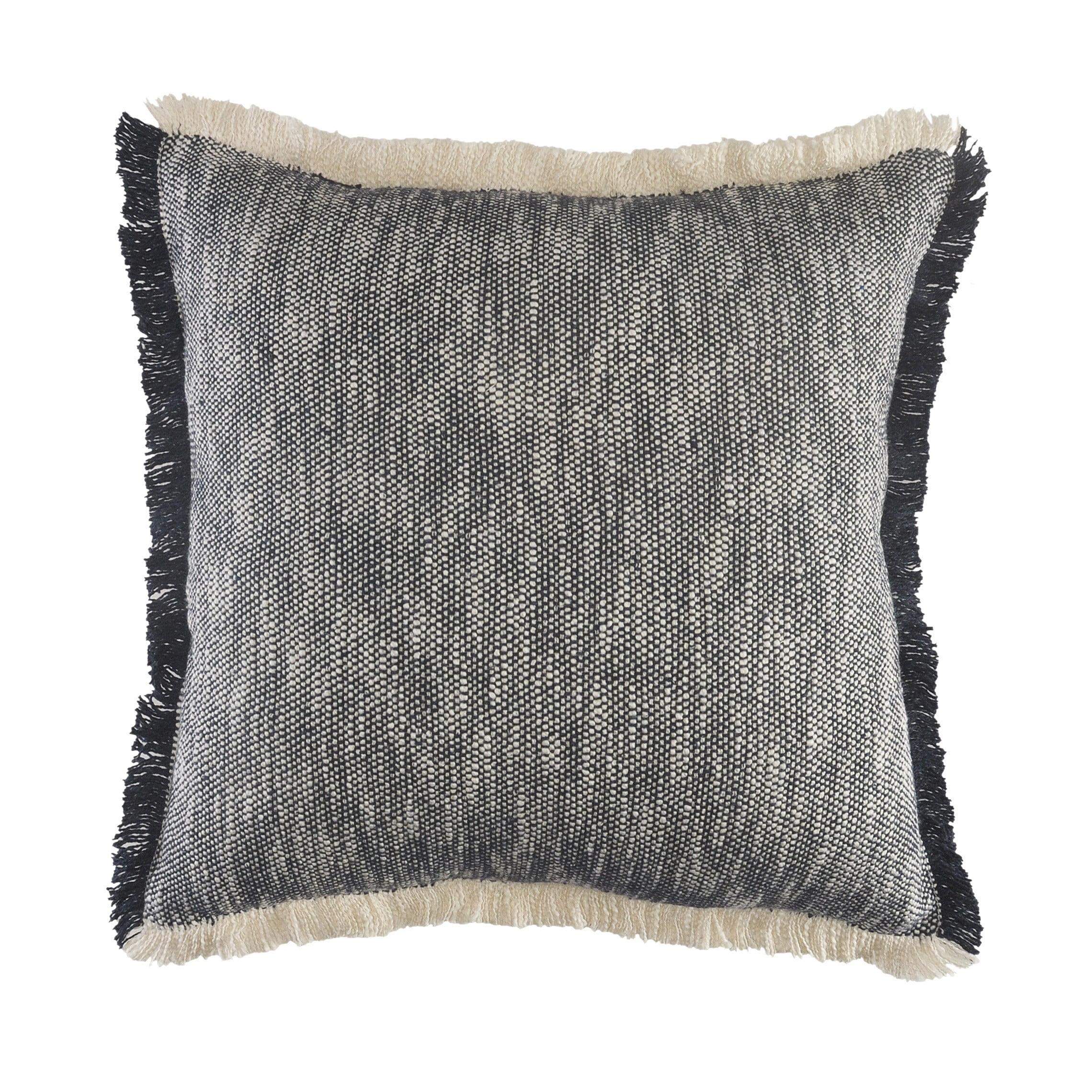 Dark Blue and White Cotton Fringe Throw Pillow, 20" Square