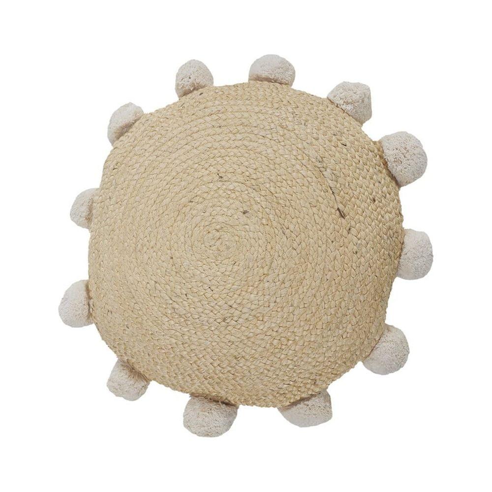 Round Natural Jute Throw Pillow with Pom Pom Border