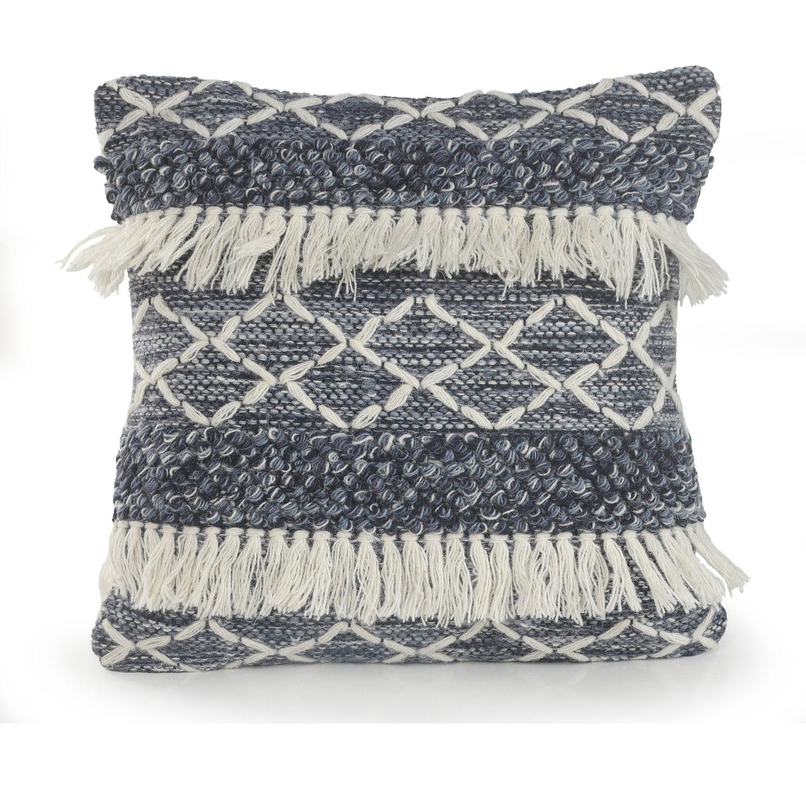 Navy and Ivory Embroidered Wool Square Throw Pillow