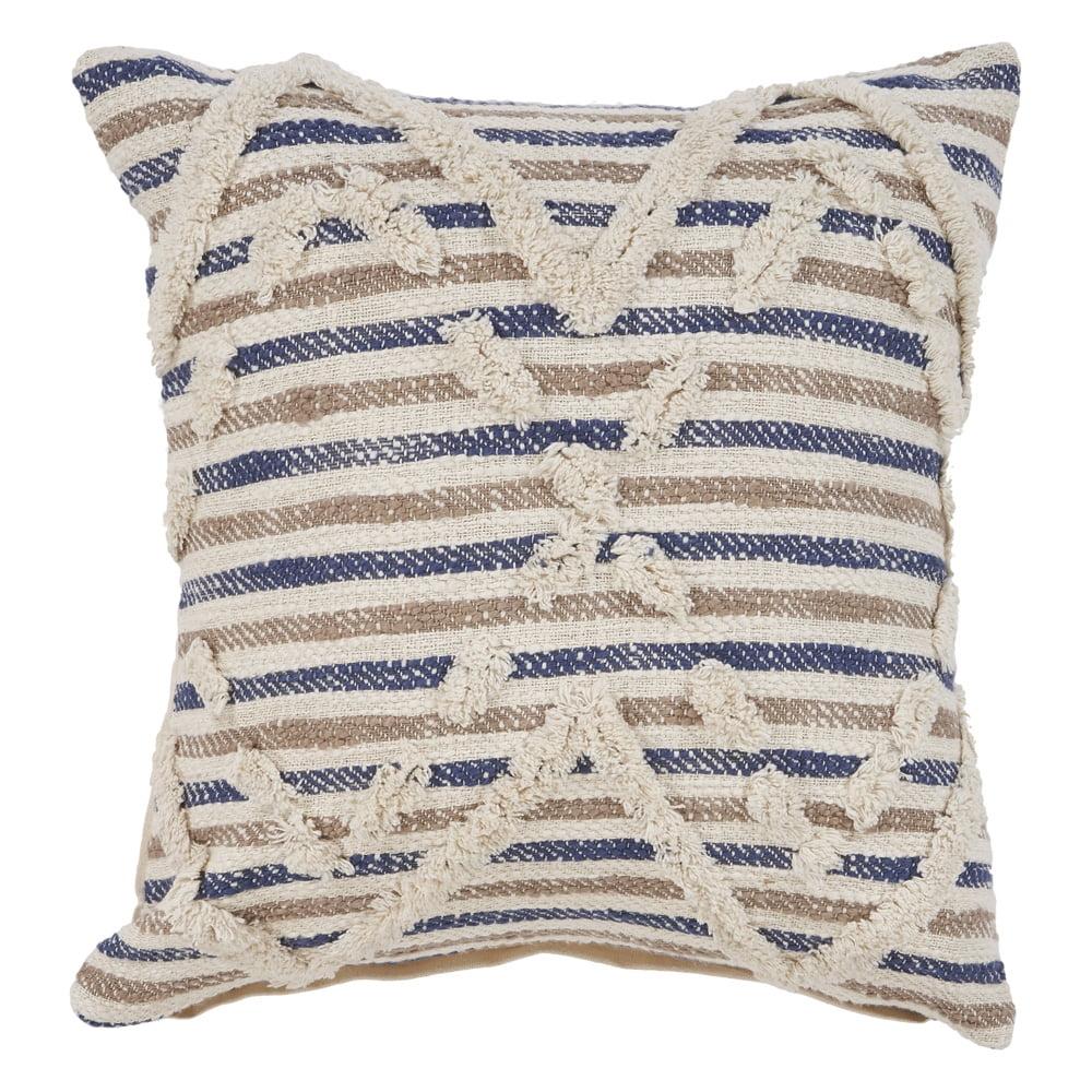 Ox Bay Textured Striped Blue and Beige Cotton Throw Pillow, 18" x 18"