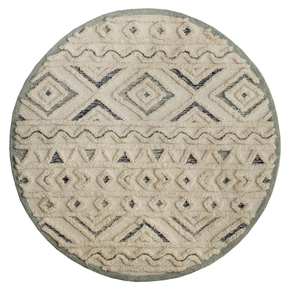 Handmade Light Blue and Cream Tufted Wool Geometric Round Rug