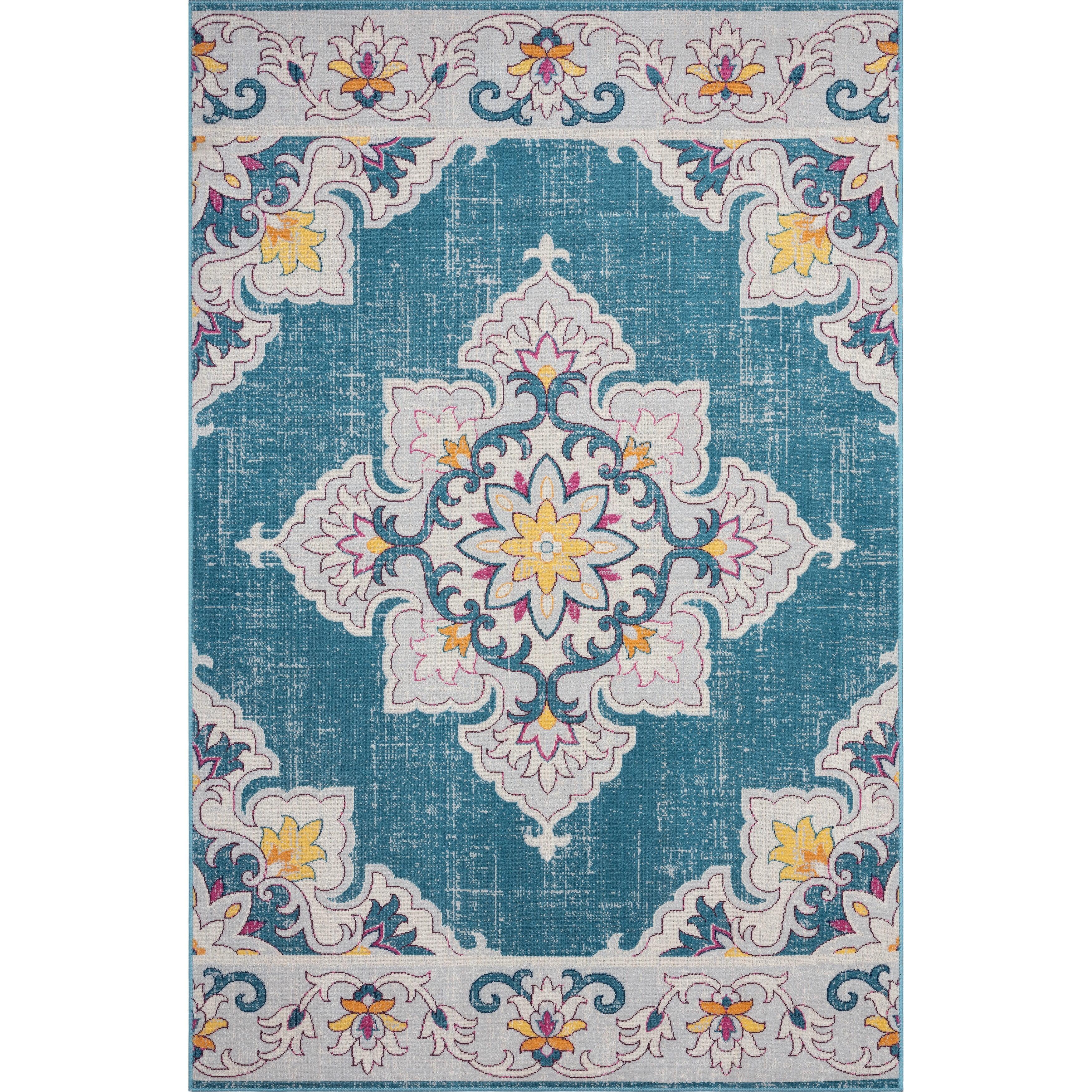 Elysian Blue Medallion 5' x 7' Easy-Care Synthetic Area Rug