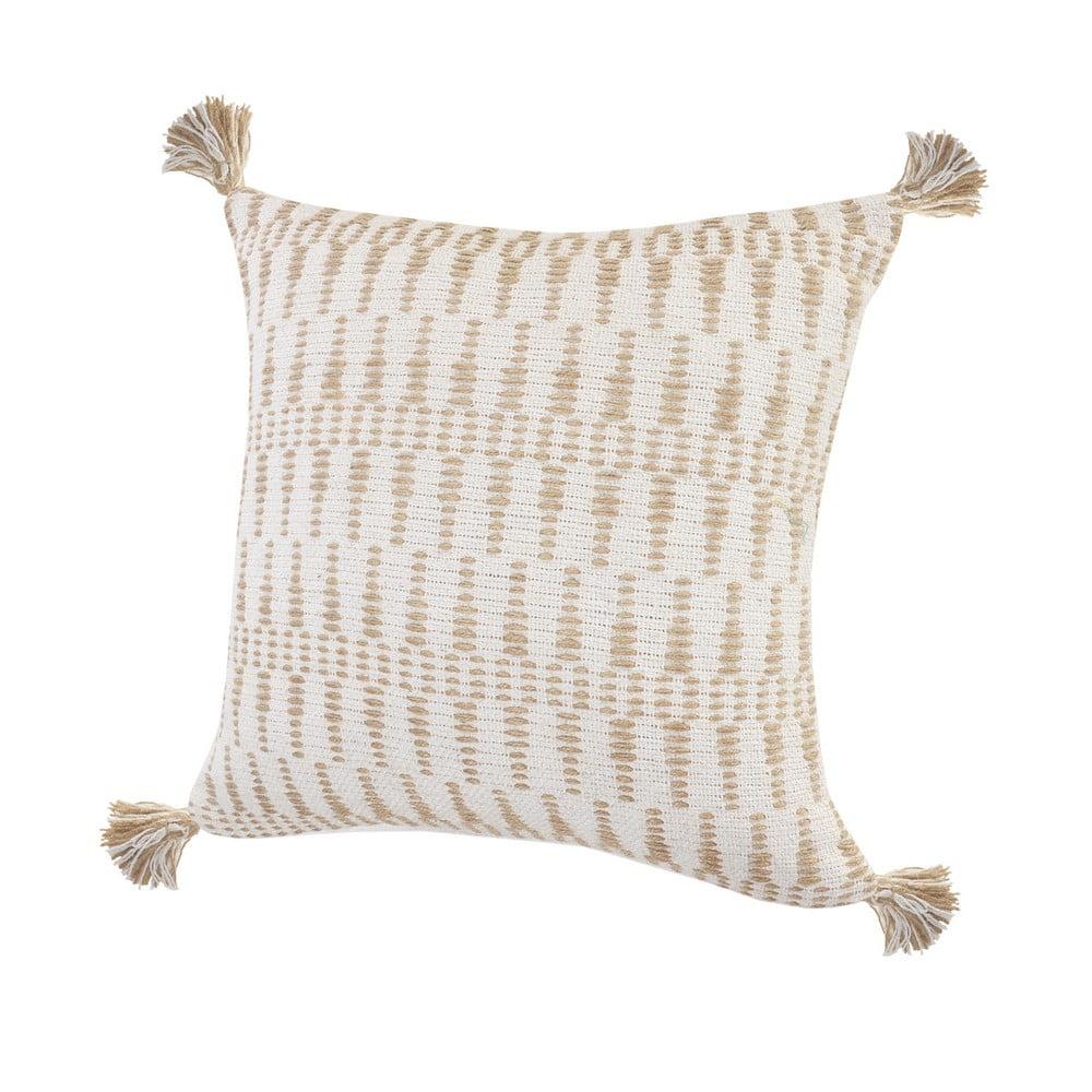 Ivory and Tan Ikat Jute Tasseled Throw Pillow, 20" x 20"