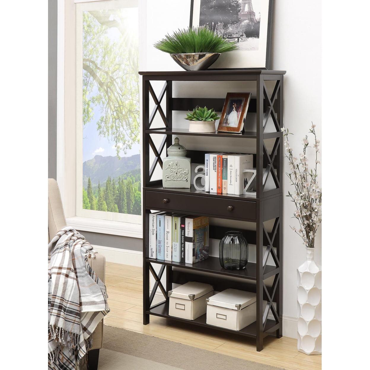 Modern Oxford Black Wood 5-Tier Bookcase with Concealed Drawer