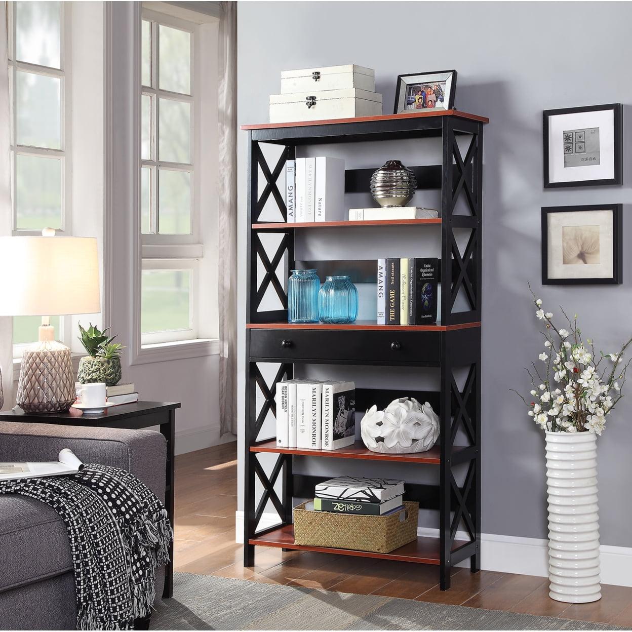 Oxford Modern 5-Tier Cherry & Black Bookcase with Concealed Drawer