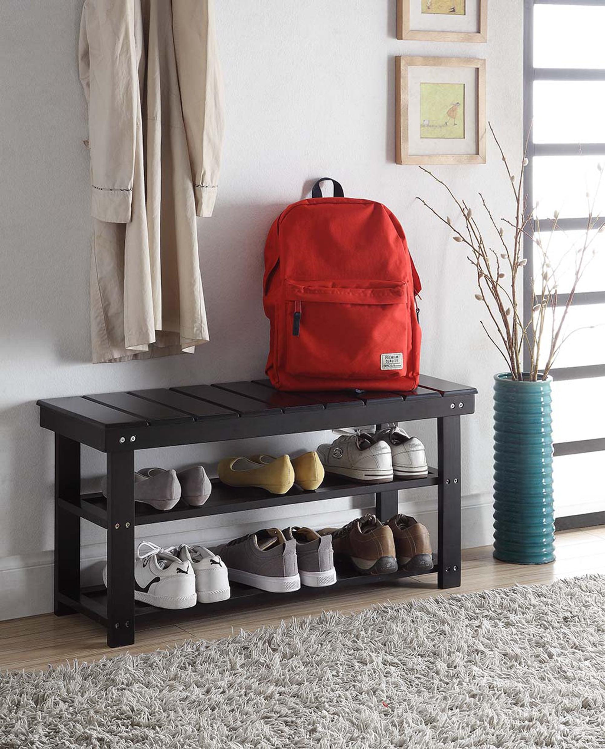 Black Wood Utility Bench with Storage Shelves