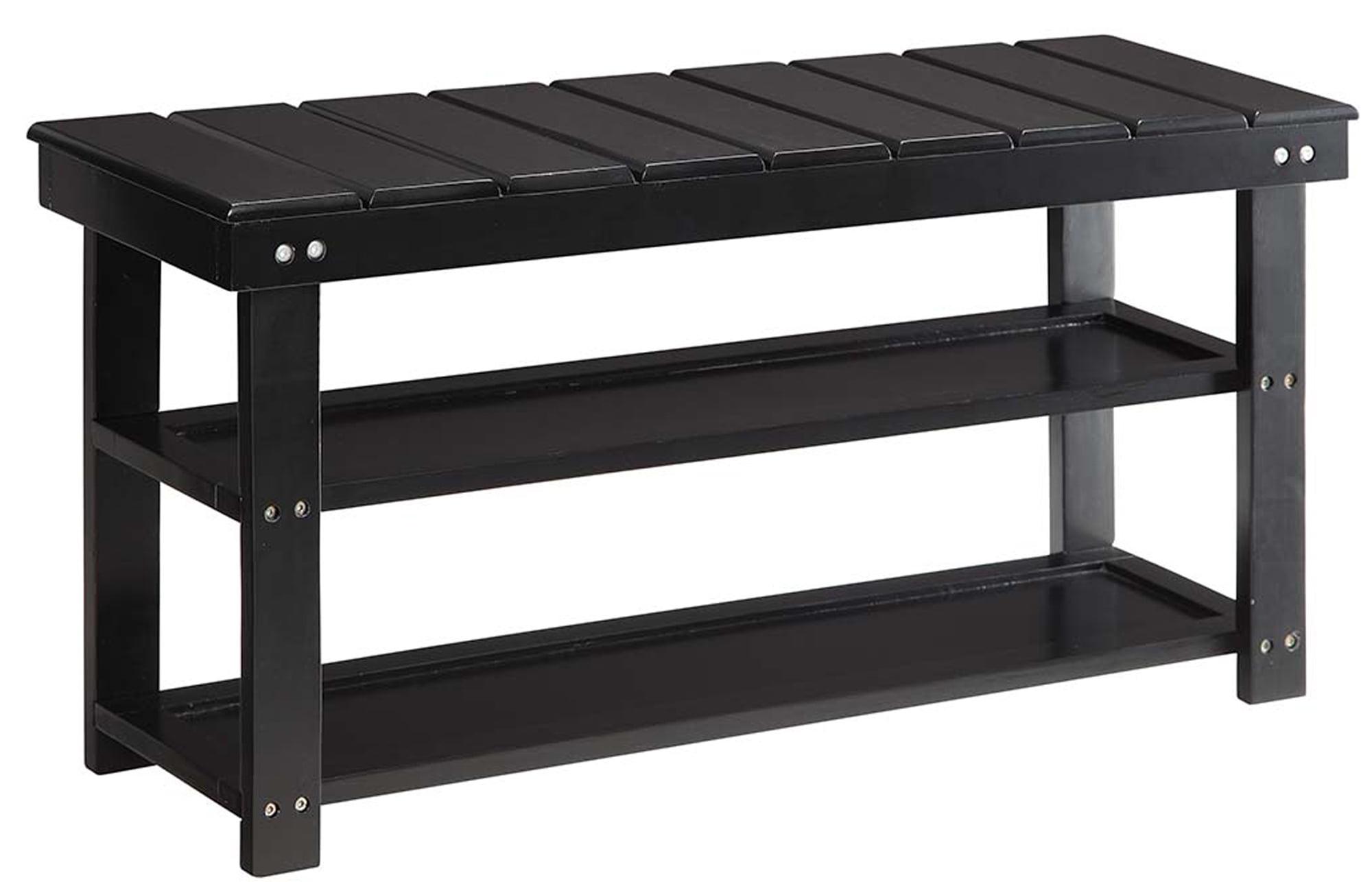 Black Wood Utility Bench with Storage Shelves