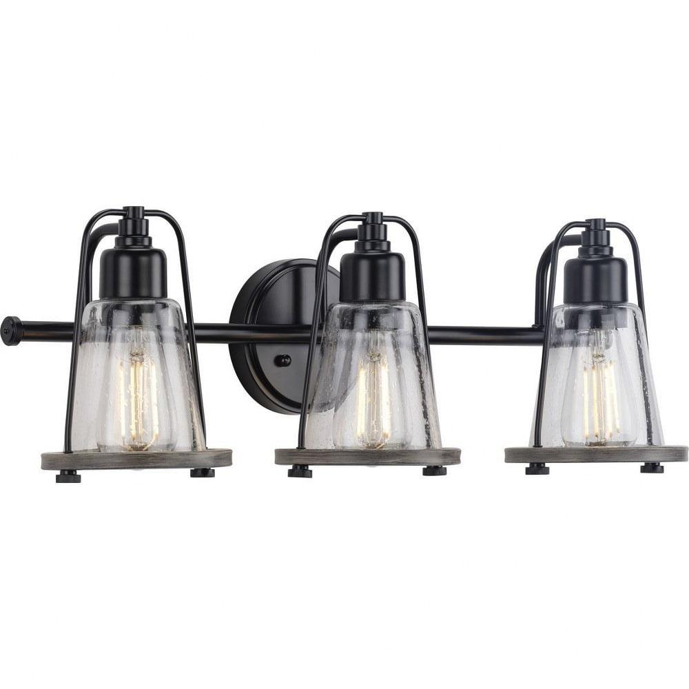 Progress Lighting Conway 3-Light Bath Vanity Light, Steel, Matte Black, Clear Seeded Glass Shade