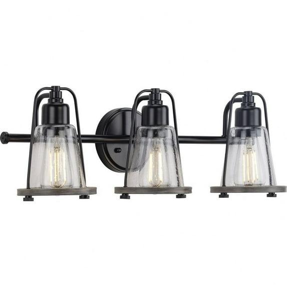 Progress Lighting Conway 3-Light Bath Vanity Light, Steel, Matte Black, Clear Seeded Glass Shade