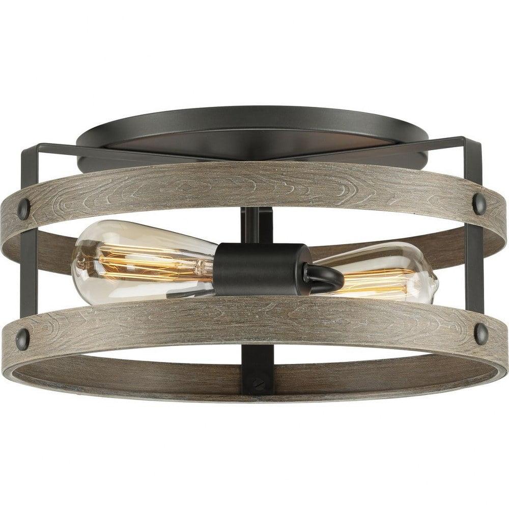 Progress Lighting Gulliver 2-Light Flush Mount Ceiling Light, Graphite, Open-Cage Design, Faux-Wood Finish