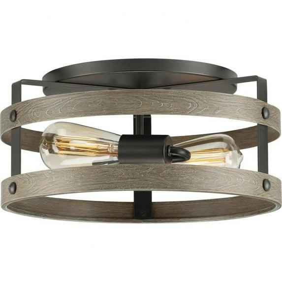 Progress Lighting Gulliver 2-Light Flush Mount Ceiling Light, Graphite, Open-Cage Design, Faux-Wood Finish