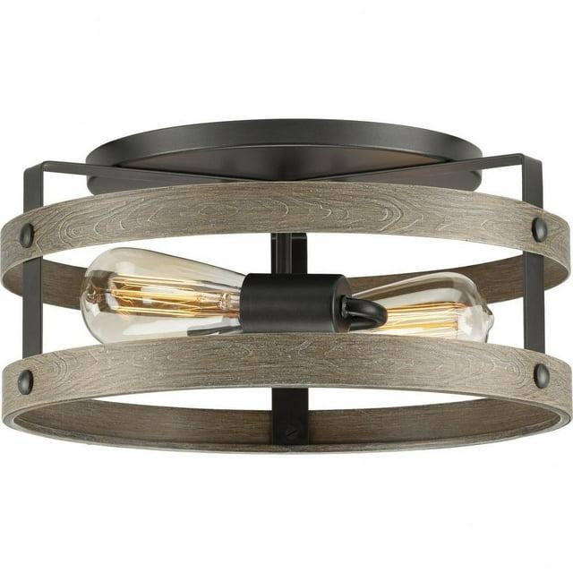 Progress Lighting Gulliver 2-Light Flush Mount Ceiling Light, Graphite, Open-Cage Design, Faux-Wood Finish