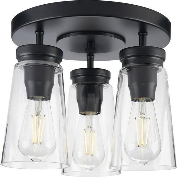 Progress Lighting Stockbrace 3-Light Flush Mount Ceiling Light, Matte Black, Clear Glass Shade