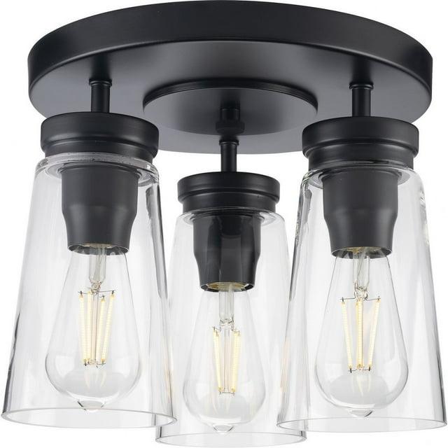 Progress Lighting Stockbrace 3-Light Flush Mount Ceiling Light, Matte Black, Clear Glass Shade