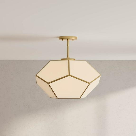 Progress Lighting Latham 3-Light Semi-Flush Mount, Vintage Gold, White Art Glass. Geometric framework with handmade glass.