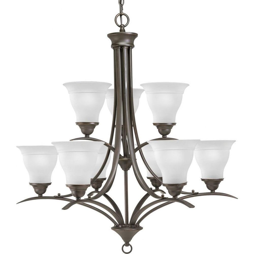 Progress Lighting Trinity Collection 9-Light Two-Tier Chandelier, Antique Bronze, Etched Glass Shades