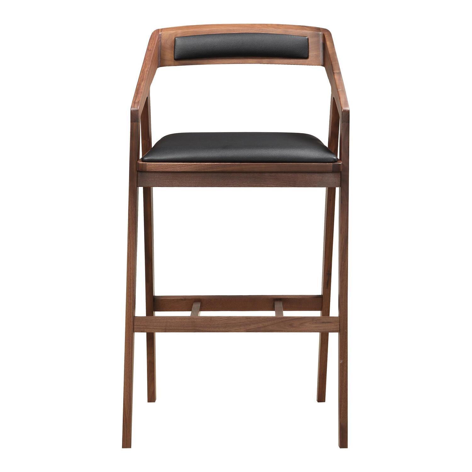 Mid-Century Modern Black Vegan Leather Barstool with Oak Frame