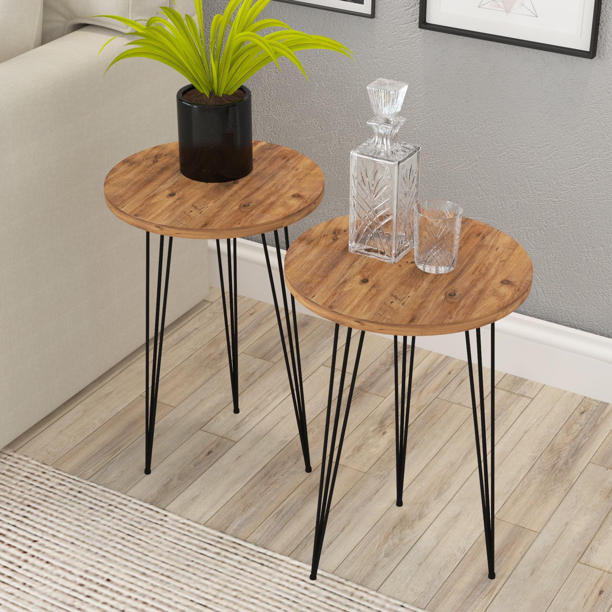 Set of 2 Pine Wood Round End Tables with Black Metal Legs