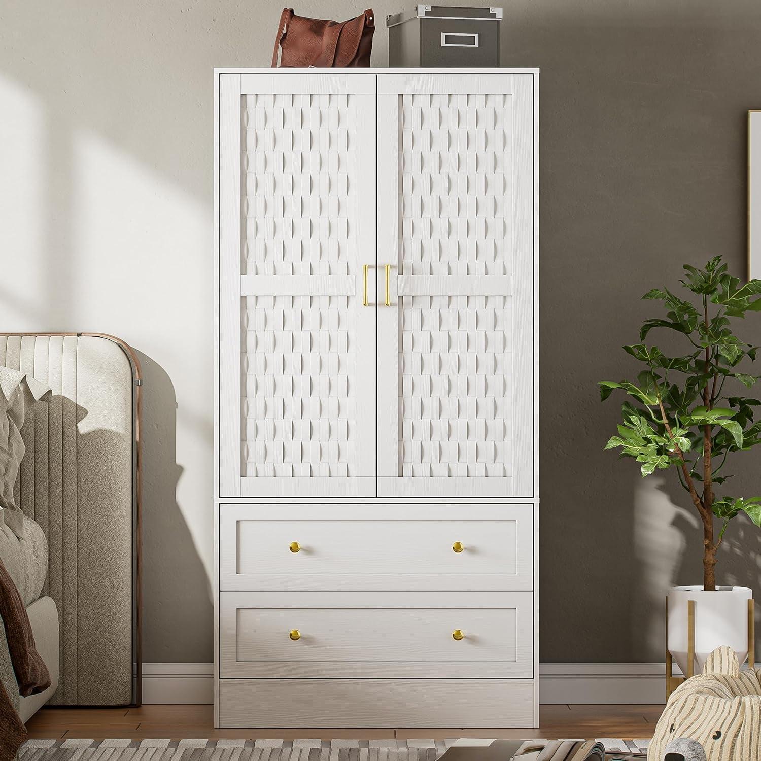 Everly Quinn Freestanding Armoire Wardrobe Closet with 2 Woven Doors